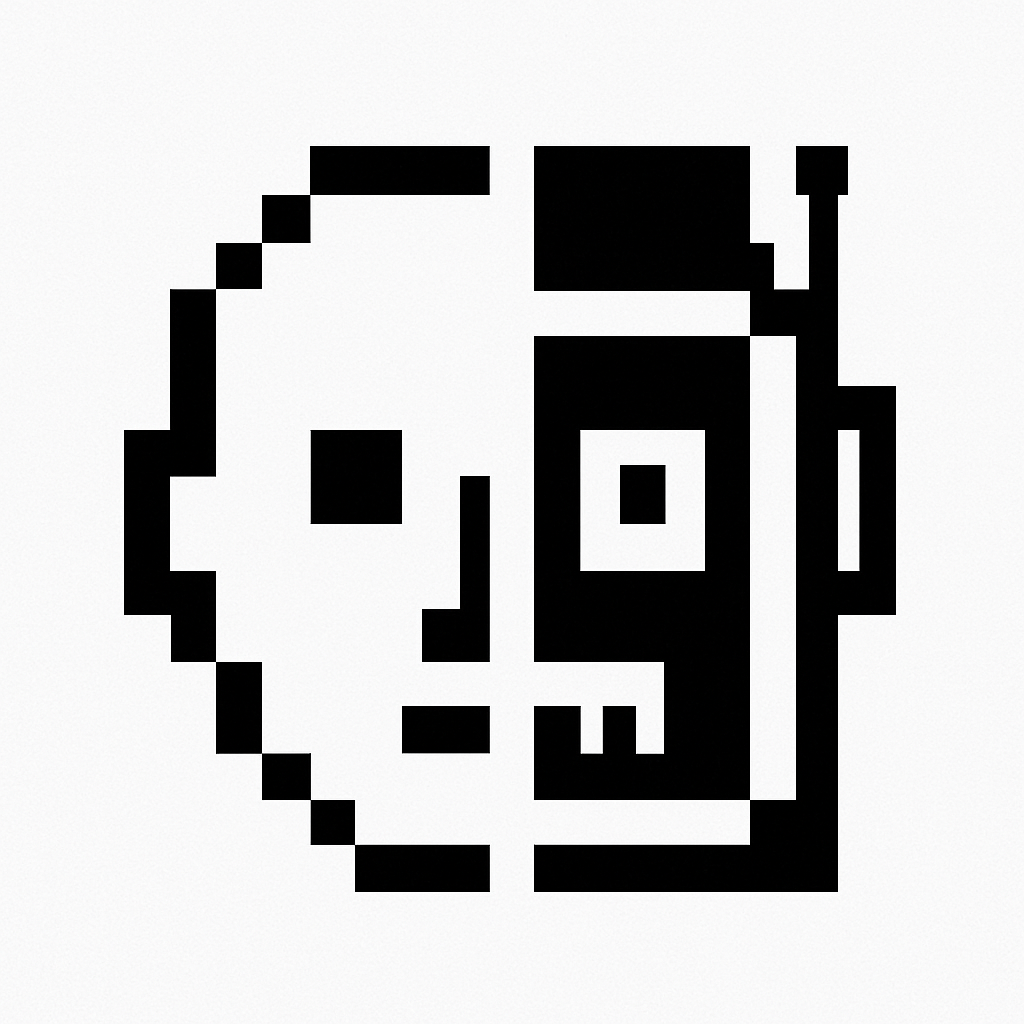 A pixel portrait split between a human face and a robot.